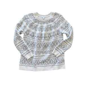 J. Jill Fair Isle Sweater White Gray Chunky Cable Knit‎ Ski Cabincore Winter